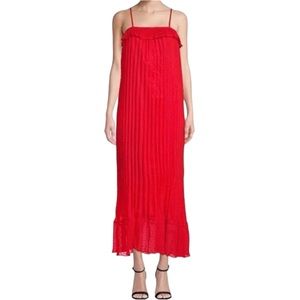 Free Generation Women's Small Red Maxi Dress Woven Pleated Swiss Dots Spaghetti‎